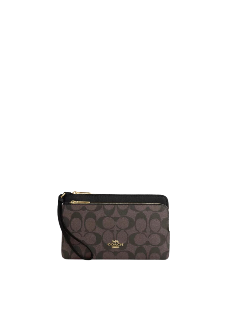 Coach Double Zip Wallet In Signature Canvas In Brown Black CU920