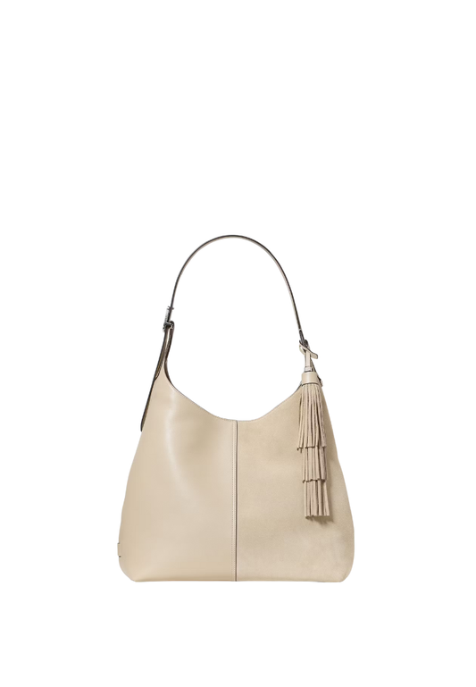 ( PREORDER ) Kate Spade 454 Suede Fringe Large Shoulder Bag In Light Sand KN584
