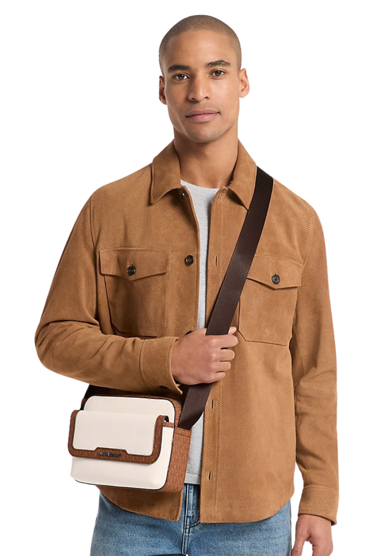 ( PREORDER ) Michael Kors Cooper Medium Pebbled Leather and Signature Logo Camera Crossbody Bag In Light Cream Luggage 37R6LCOM1L