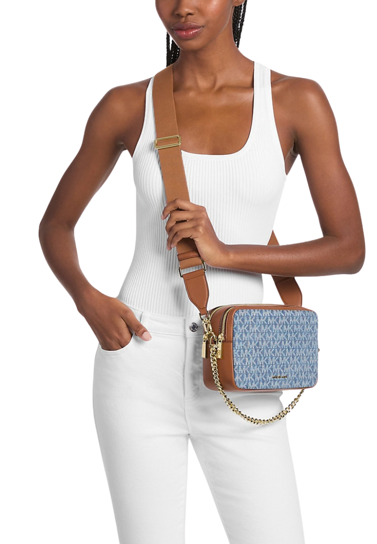 ( PREORDER ) Michael Kors Bryant Medium Logo Jacquard Denim Camera Crossbody Bag In New Horizon 32S6GYTC8C