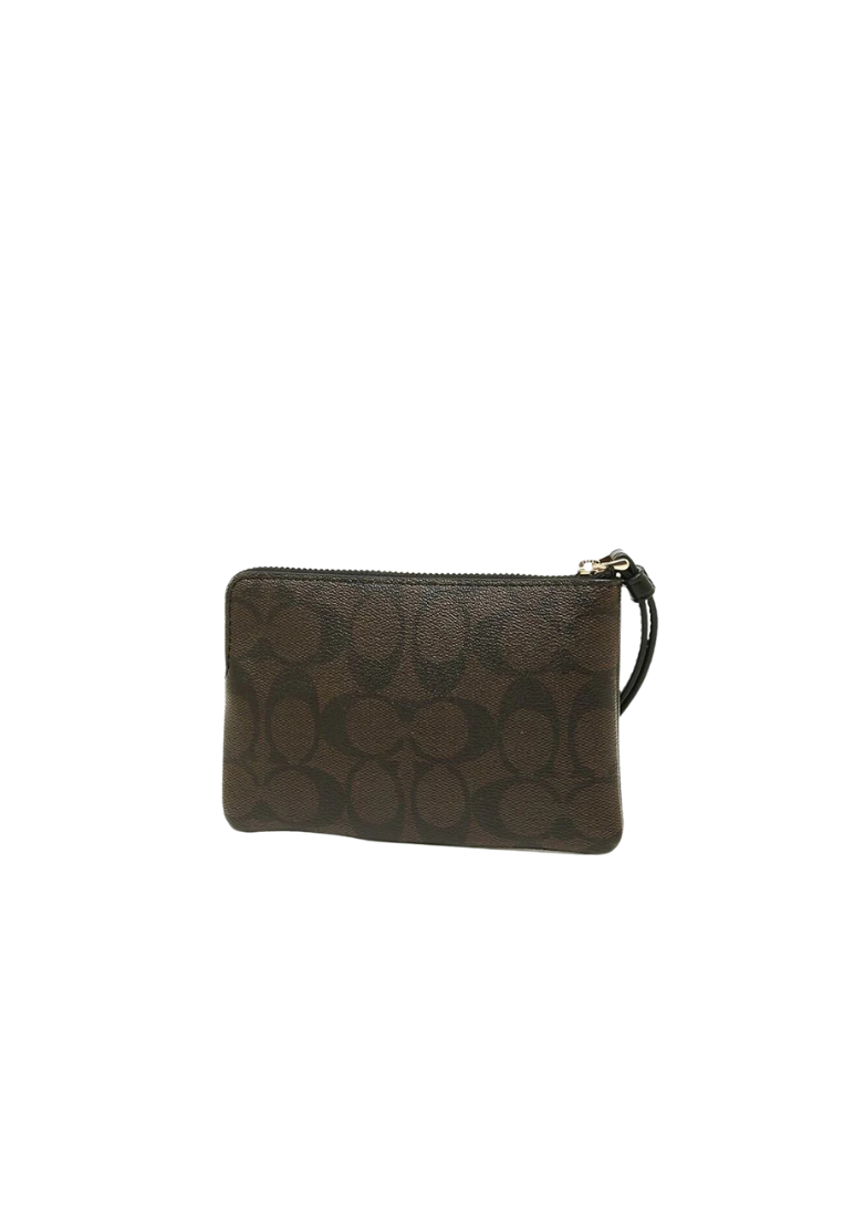 Coach Corner Zip Wristlet In Signature Canvas In Brown Black CS602