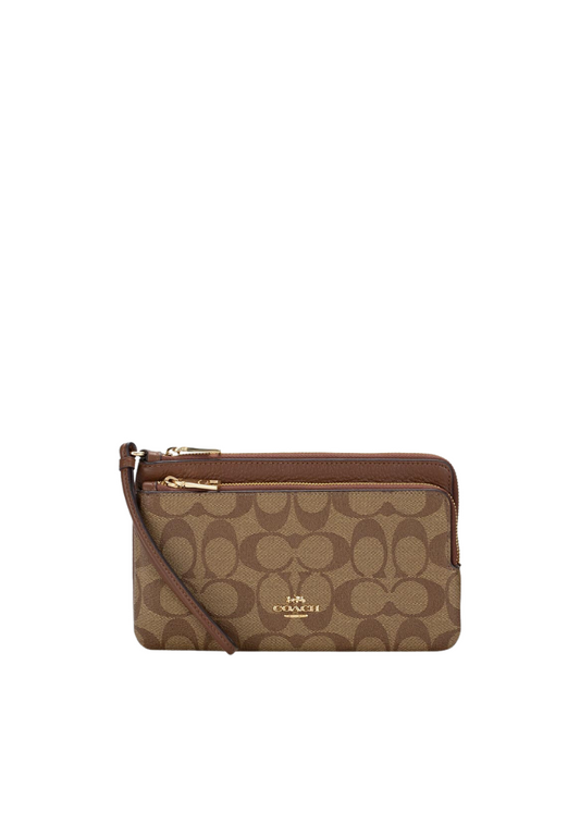 Coach Double Zip Wristlet In Signature Canvas In Khaki Saddle CU920