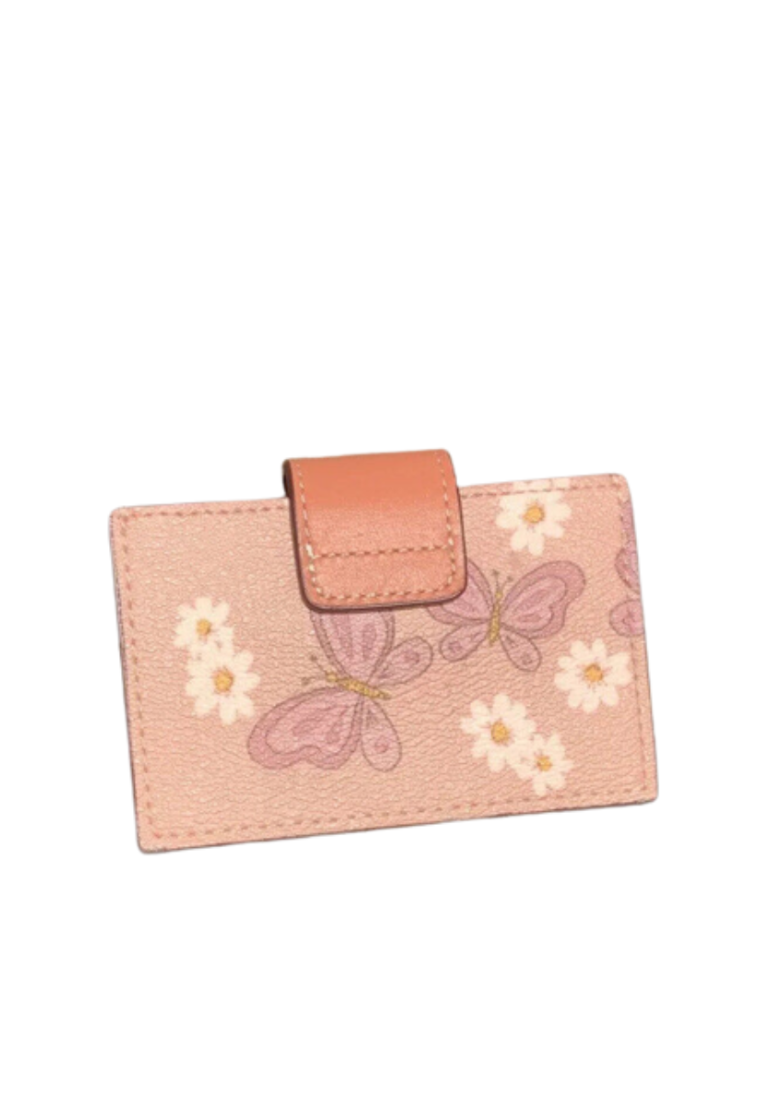Coach Accordion CH608 Card Case With Lovely Butterfly Print In Shell Pink Multi