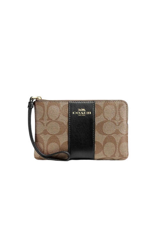 Coach Corner Zip Wristlet 58035 With Signature Canvas In Khaki Black