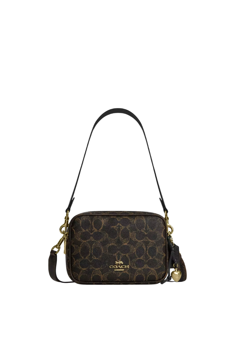 ( PREORDER ) Coach Mini Carey In Loved Signature Canvas With Charms Crossbody Bag In Gold Brown CEK73