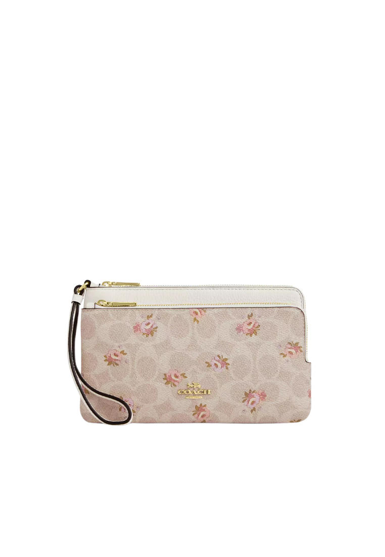 Coach Double Zip Wallet Signature Canvas With Floral Print In Sand Multi Car09