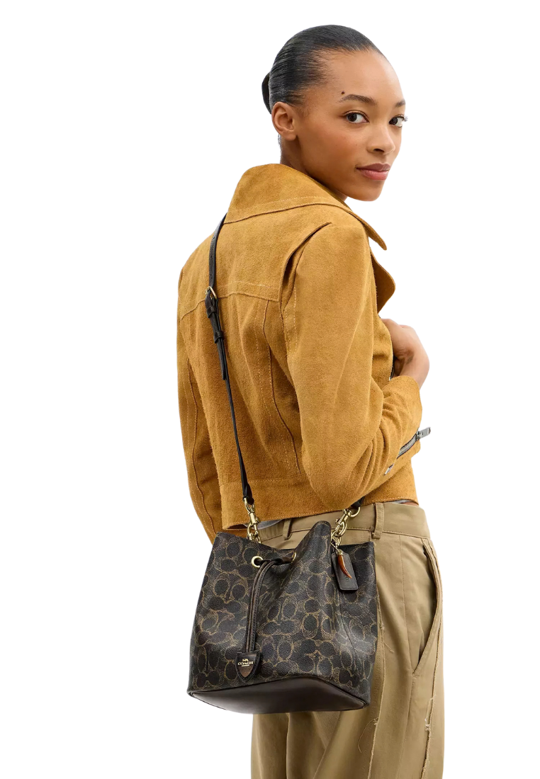 ( PREORDER ) Coach Rowan In Loved Signature Canvas With Charms Bucket Bag In Gold Brown CDY21