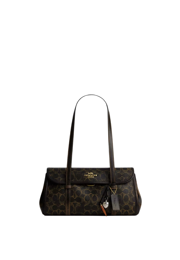 ( PREORDER ) Coach Bridget Flap In Loved Signature Canvas With Charms Shoulder Bag In Gold Brown CDY20