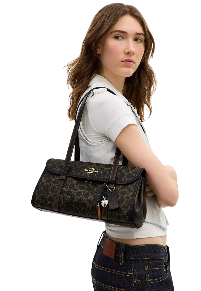 ( PREORDER ) Coach Bridget Flap In Loved Signature Canvas With Charms Shoulder Bag In Gold Brown CDY20