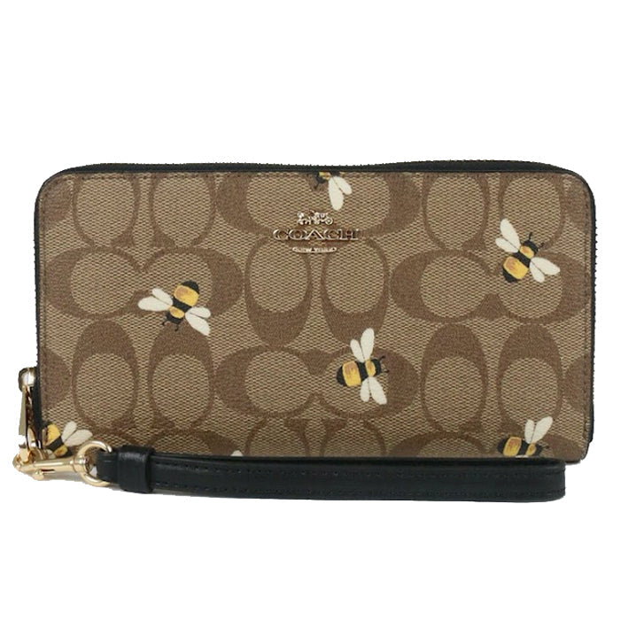 Coach Signature Long Zip Around C8675 Wallet With Bee Print In Khaki Multi