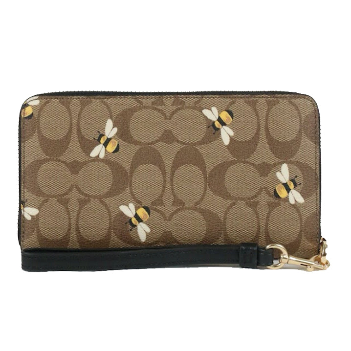 Coach Signature Long Zip Around C8675 Wallet With Bee Print In Khaki Multi