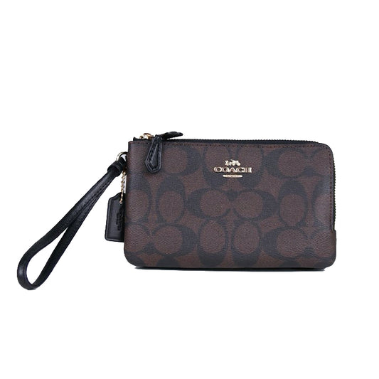 Coach Small Signature F87591 Double Zip Wristlet In Brown Black