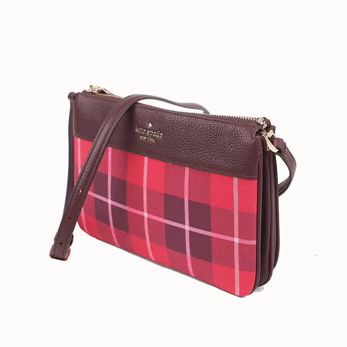 Kate Spade Leila Plaid Fabric WKR00655 Triple Gusset Crossbody Bag In Bright Rose Multi