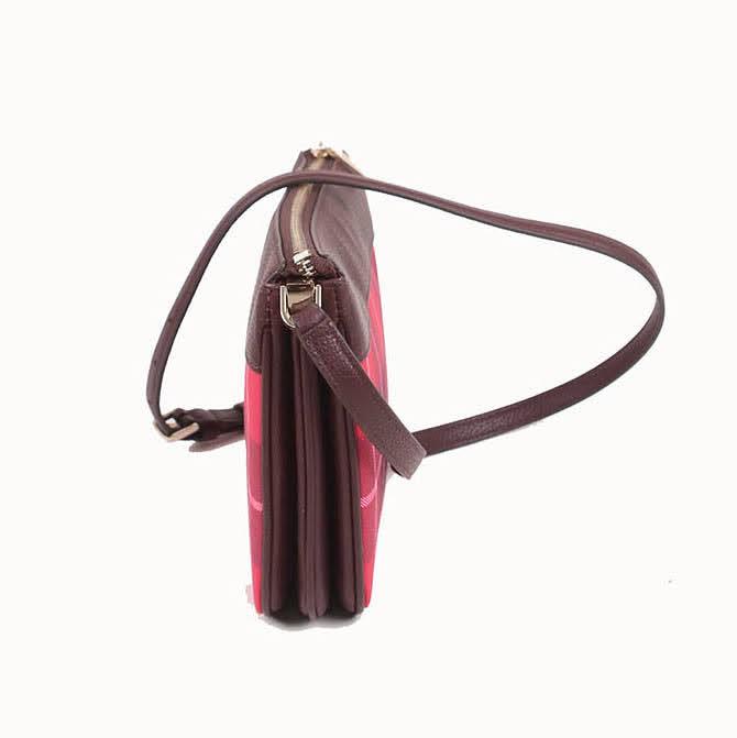 Kate Spade Leila Plaid Fabric WKR00655 Triple Gusset Crossbody Bag In Bright Rose Multi