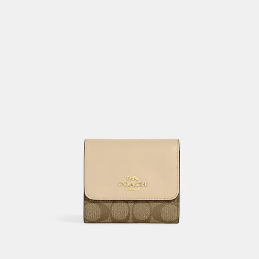 Coach Small CE930 Trifold Wallet In Blocked Signature Canvas In Khaki Ivory