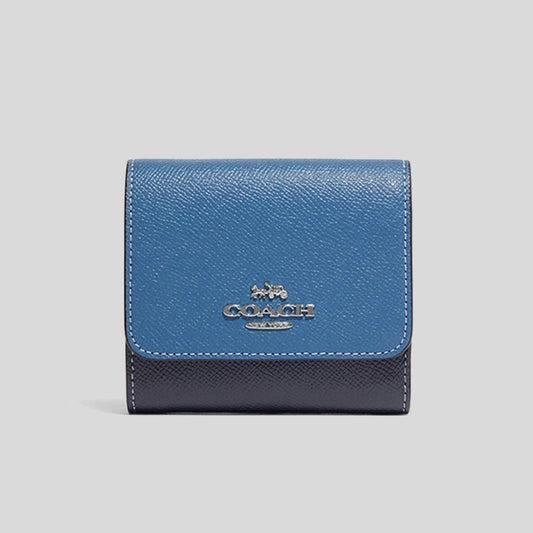 Coach Small Trifold Wallet CF446 In Colorblock Sky Blue Multi